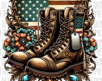 Puede incluir: Un par de botas de cuero marrón con cordones y una placa de identificación colgando de una bota. Las botas están sobre un fondo de bandera estadounidense con adornos florales.