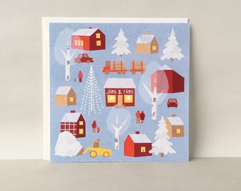 Swedish Winter Village Large Single Card: 15x15 cm Matte Paper - Nordic Christmas Illustration