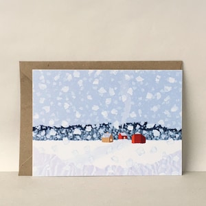 Carte postale paysage d'hiver enneigé - Carte de Noël, Illustration, Maison rouge, Cartes de voeux pour l'hiver, Jour de neige, Chutes de neige