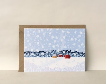 Carte postale paysage d'hiver enneigé - Carte de Noël, Illustration, Maison rouge, Cartes de voeux pour l'hiver, Jour de neige, Chutes de neige