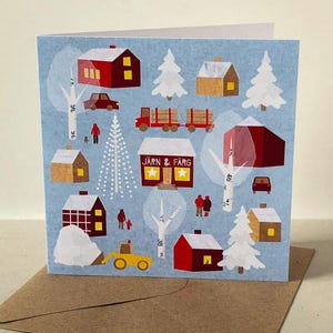 Wenskaart Zweedse winterdorp - kerstkaart met winters tafereel, houthakkerstruck, sneeuwploeg, leuke illustratie, Zweedse kerst
