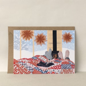 Postal acogedora de un día de nieve: tarjeta navideña ilustrada, cabaña de montaña, tarjeta con gato, tarjetas de felicitación para parejas, tarjeta de esquí, feliz año nuevo