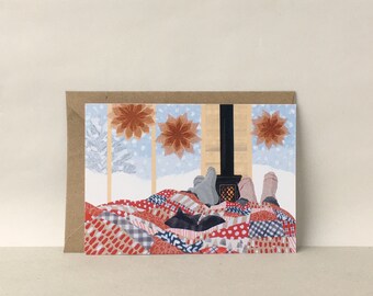 Cozy Mountain Cabin Postcard: A6 Matte Paper -  Snow Day, Cat Illustration