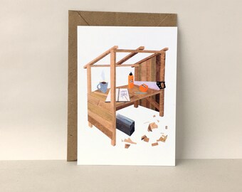Woodworking Postcard: A6 Matte Paper - Workbench and tools illustration