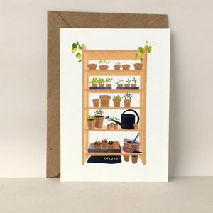 Postal de semillas iniciales - Tarjeta de jardinería ilustrada, Tarjeta de cumpleaños para jardinero, Ilustración botánica, Estante de plantas, Tarjeta de jardín vegetal