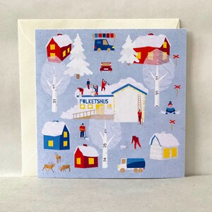 Winter in Schweden Illustrierte Karte - Süße Weihnachtskarte, Frohe Winter Grußkarte, Kleine Häuser, Rentier, Schnee Tag, Skandinavisches Dorf
