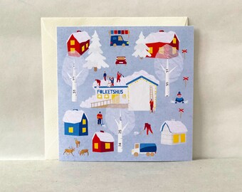 Winter Village Large Single Card: 15x15 Matte Paper - Snow day illustration