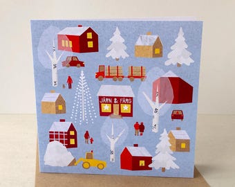 Swedish Christmas Village Greeting Card: 15x15 cm Folded Matte Paper - Scandinavian Winter Scene Illustration