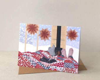 Cozy Mountain Cabin Greeting Card -  Snow Day, Couple with Cat Illustration