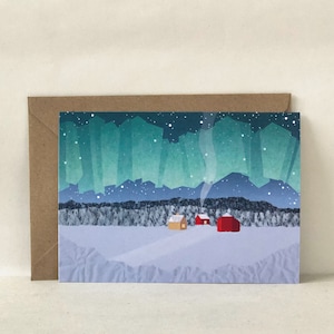 Postal con paisaje de auroras boreales: tarjeta navideña, aurora boreal, ilustración, invierno ártico, tarjetas de felicitación para el invierno, noche polar