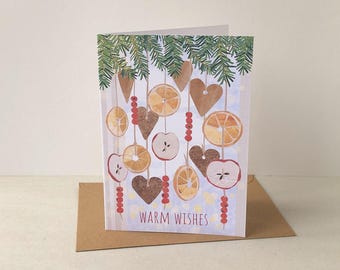 Oranges and Gingerbread Christmas Card - Nature-inspired Winter Window Illustration - English or Swedish text.