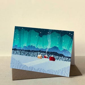 Wenskaart noorderlicht - gevouwen kaart, Aurora Borealis, poolwinter, wenskaart voor winter, poolnacht, besneeuwd noords landschap