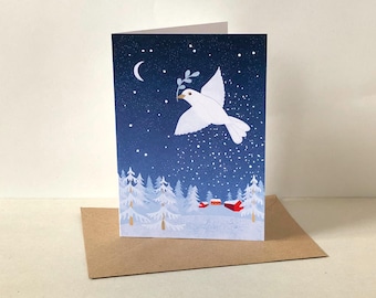 Peace Dove Christmas Card: A6 Folded Matte Paper - Snowy Winter Wonderland Illustration