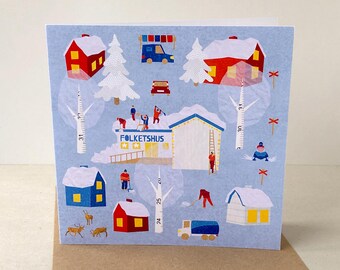 Winter Village Greeting Card: 15x15 cm Folded Matte Paper - Swedish Winter Scene Illustration