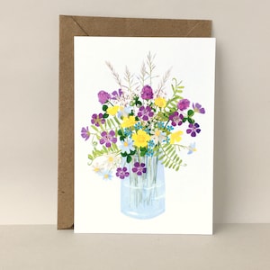 Wildblumen Strauß Postkarte - Illustrierte Blumen Karte, Geburtstagskarte, Botanische Illustration, Dankes-Karte, Blumen am Straßenrand, Mittsommernacht