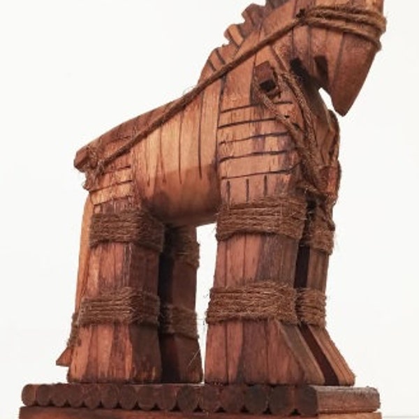 Caballo de Troia vintage de madera, estatuilla del caballo de Troya, caballo de Troya, estatuilla mitológica griega antigua