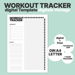 May include: Black and white printable workout tracker template for a year of tracking. The template includes a section for workout notes and a grid of circles for marking workouts. The template is designed for use with Goodnotes app and is available in DIN A4 and Letter sizes.