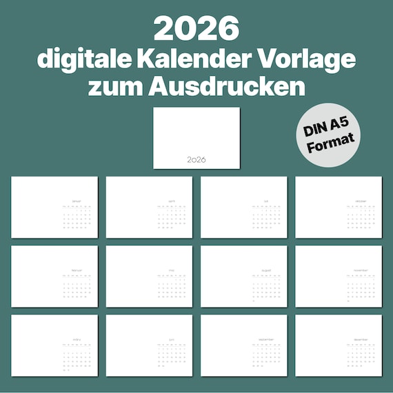 Blanko Kalender 2026 PDF | DIY Monatskalender Vorlage zum Ausdrucken | Minimalistischer Jahreskalender