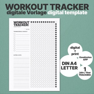 Peut inclure: Un modèle numérique de suivi d'entraînement blanc sur fond vert. Le document présente une grille pour suivre les exercices quotidiens sur 12 mois, avec des sections pour les noms d'entraînement et les notes. Le texte inclut WORKOUT TRACKER, digital + print, DIN A4 LETTER, Goodnotes APP et 1 Jahr / Year TRACKING.
