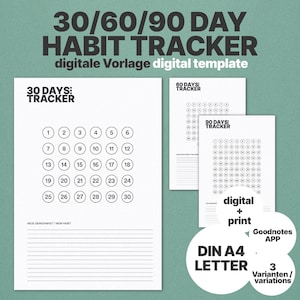 May include: A 30/60/90 day habit tracker digital template featuring three white sheets with black text. Each sheet includes numbered circles for tracking days and lined sections for notes. Text includes 30 DAYS TRACKER, 60 DAYS TRACKER, 90 DAYS TRACKER, digital + print, Goodnotes APP, DIN A4 LETTER, and 3 variations.