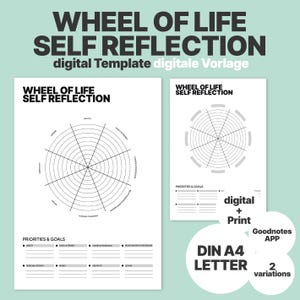 Könnte beinhalten: Eine druckbare Lebensrad-Selbstreflexionsvorlage in Schwarzweiß. Die Vorlage enthält einen Kreis, der in acht Abschnitte unterteilt ist, mit Beschriftungen für verschiedene Lebensbereiche, wie z. B. Gesundheit, Karriere und Beziehungen. Es gibt auch einen Abschnitt für Prioritäten und Ziele mit Zeilen zum Schreiben. Der Text "digital + Print" und "Goodnotes App" ist im Bild enthalten. Der Text "DIN A4 LETTER" und "2 variations" ist ebenfalls im Bild enthalten.