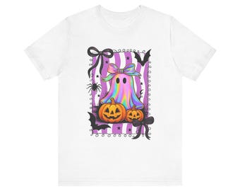 Camiseta fofa de Halloween com fantasma e abóbora holográfica, camisa unissex de manga curta, camiseta de Halloween, estampa de fantasma, camiseta de abóbora, presente assustador