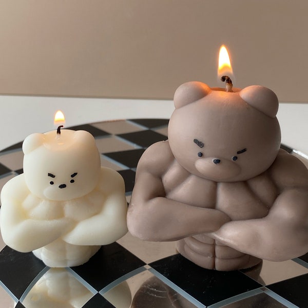 Juego de 2 velas Buff Bear, regalo divertido de gimnasio, regalo de ratas de gimnasio, ahumado el oso, compañero de gimnasio, vela novedosa, regalo del 1er aniversario para el marido