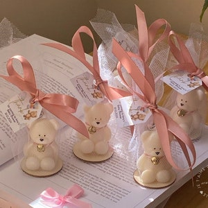 Adorable Personalized Mini Teddy Bear Candle Favors with Ribbon - Bulk Gifts for Baby Showers, Hen Party, Birthdays, Wholesale Event Favors