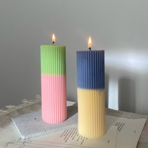 Tall Ribbed Pillar Candle | Colourful Two Tone Soy Wax Candle