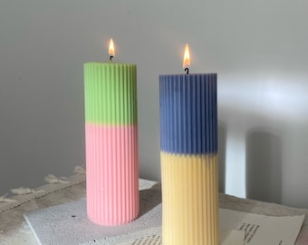 Tall Ribbed Pillar Candle | Colourful Two Tone Soy Wax Candle