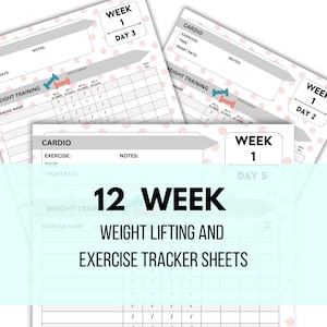 Könnte beinhalten: Ein druckbares 12-Wochen-Gewichtheben- und Trainingstracking-Blatt. Das Blatt ist in Abschnitte für Krafttraining, Cardio und Notizen unterteilt. Das Blatt soll Ihnen helfen, Ihren Fortschritt zu verfolgen und motiviert zu bleiben.