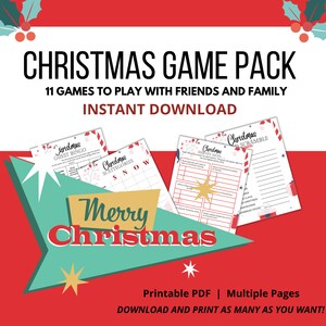 Paquete de 11 juegos Christmas Cheer Party, izquierda derecha, bingo, Word Scramble, Scattergories, trivia