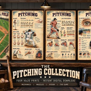 Puede incluir: Cuatro pósteres enmarcados titulados The Baseball Field, The Physics of Pitching, The Muscles of Pitching y The Eyes of a Pitcher, expuestos sobre un cartel que dice The Pitching Collection, Four 16x20 Prints, Instant Digital Download.