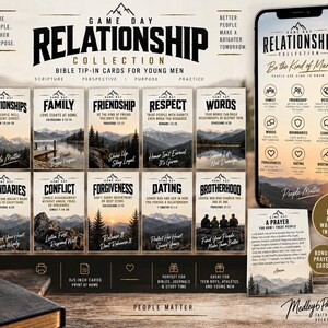 May include: A set of Game Day Relationship Collection bible tip-in cards for young men, featuring mountain landscape backgrounds, inspirational text, and scripture references. Includes a prayer card and a digital phone wallpaper display.