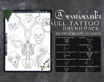 Procreate Skull Brush Pack for Tattoo Design, 30 Skull Stamps, Skull Stencil Procreate Brushes, Tattoo Flash Reference Set