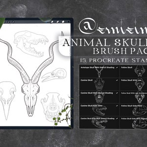 May include: Digital art brush pack with detailed line drawings of animal skulls, including antelope, canine, and feline skulls. The image shows a tablet with the brush pack title and 15 Procreate stamps. The artwork is in black and white.