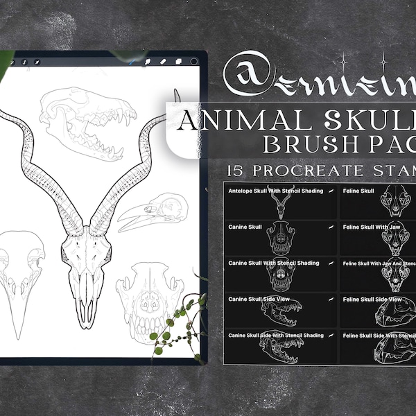 15 Animal Skull | Procreate Pack Brush Stamps | Tattoo Artist | Graphic Design | Digital Creation | Drawing | Linework | Dot Stippling