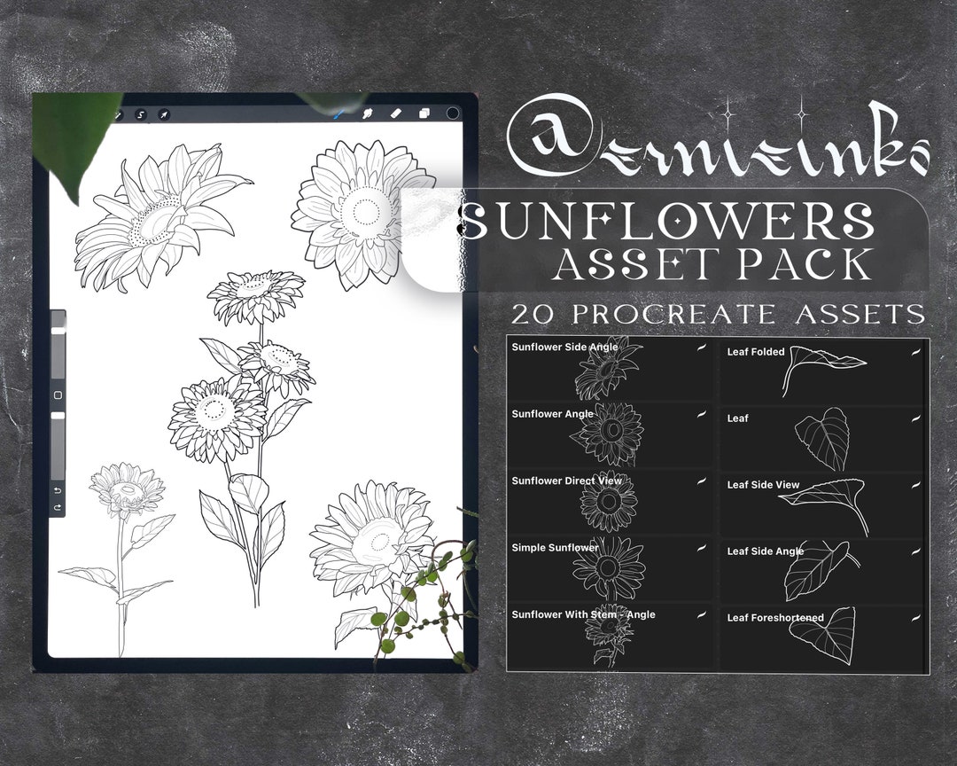 Sunflower Procreate Brush Pack, 20 Flower & Leaf Stamps, Floral Tattoo ...