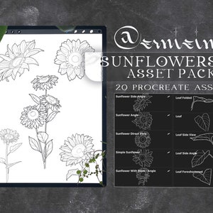 20 Sunflower Procreate Assets | Brush Stamp Pack | Flowers & Leaves | Color Palette | Tattoo Stencil Dot Shading | Digital Creator | Drawing