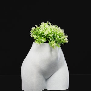 May include: White ceramic planter shaped like a human body, with a small green plant growing out of the top.