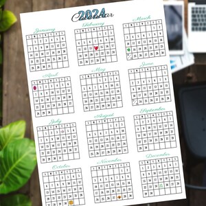 May include: A printable calendar for the year 2024. Each month is displayed in a separate box with a grid showing the days of the week and the dates. The calendar is decorated with small icons representing different seasons and holidays.