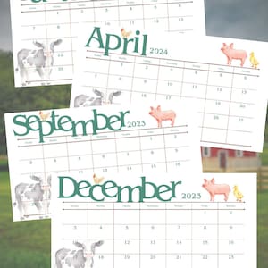 May include: A set of four printable calendars featuring farm animals. Each month has a different animal, including a cow, pig, chicken, and duck. The calendars are designed with a rustic, farmhouse aesthetic.
