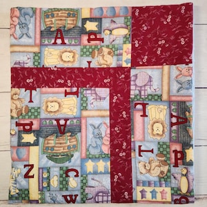 Baby blanket, childrens quilt, crib blanket, snuggle blanket, stroller blanket, baby shower gift, handmade, girl, retro vibe, toys, ABCs