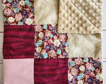 Handmade Floral Baby Quilt, Minky Crib Blanket, Boho Girl
