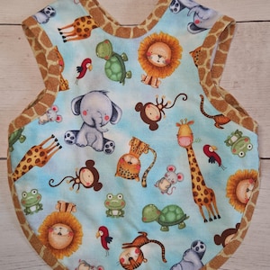 Handmade Baby Bib, 100% Cotton Zoo Animal Print Bapron, Soft Flannel Back