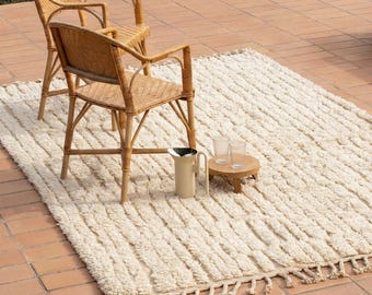 Moroccan Beni Ourain Rug Ivory Tonal Raised Stripe Texture | Handmade Wool Berber Carpet | Neutral Boho Living Room Area Rug | Custom Size