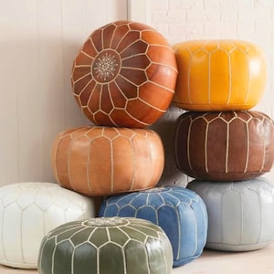 Moroccan POUF **70% OFF** with White Stitching Leather Pouf Ottoman Pouf Morrocan Leather Pouf Moroccan Pouffe, Home gifts, Wedding Gifts