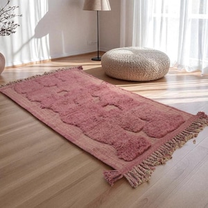 Pink Textured Moroccan Rug | Handmade Berber Wool Carpet | Soft Shaggy Boho Runner | Minimalist Home Decor for Bedroom or Entryway