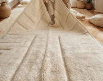 Ivory Moroccan Wool Rug – Minimalist Handmade Carpet – Custom Beni Ourain Style Rug – Soft Berber Living Room or Bedroom Decor - Wool Rugs
