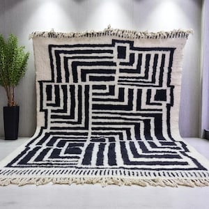 Black and White Moroccan Rug – Modern Abstract Beni Ourain Carpet – Handwoven Wool Area Rug – Bold Minimalist Tribal Decor - Free shipping